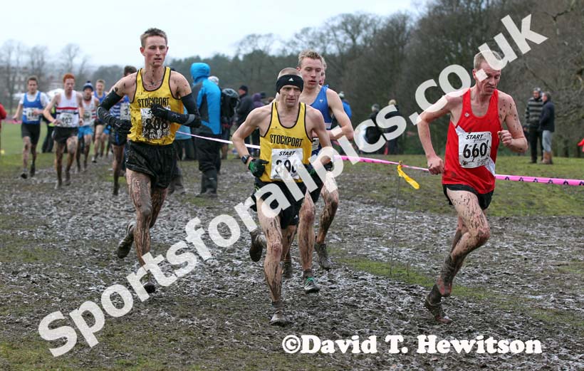 Carl Hardman (Salford) leads from 806 Andrew Jones, 808 Jack Martin (both Stockport) and Nick Swinburn (Morpeth) during the senior mens Northern Cross Country Champs, Knowsley Safari Park. Photo: David T. Hewitson/Sports for All Pics
